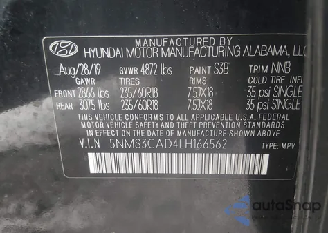 2020 Hyundai Santa Fe Sel from USA, damaged, VIN 5NMS3CAD4LH166562